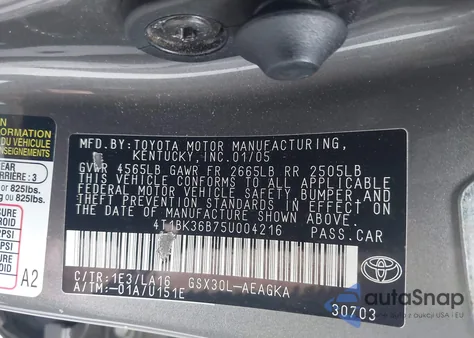 2005 Toyota Avalon Xls z USA, uszkodzony, nr VIN 4T1BK36B75U004216